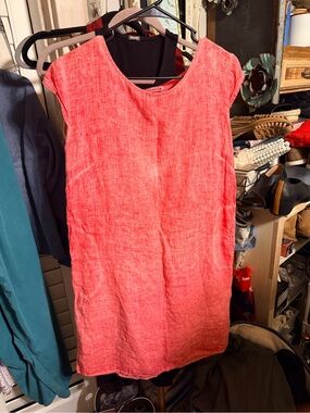 Colette Made in Italy 100% Linen Coral Pink Shift Dress Pockets sz M